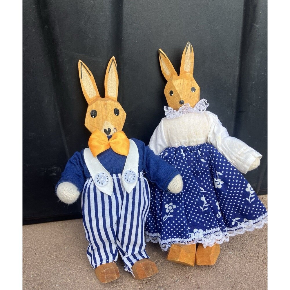 VTG Wooden Bunny Rabbit Couple 7” Shelf Sitters Blue White Easter Folk Art